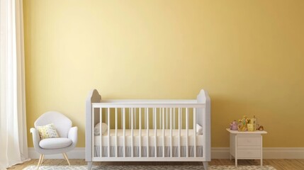 Pastel yellow nursery with crib, armchair, and side table.