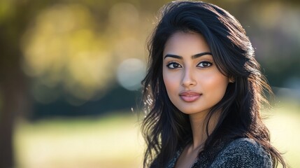Fototapeta premium Portrait of a beautiful young woman with dark hair and eyes, outdoors.