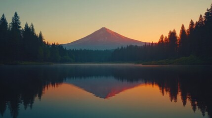 Obraz premium Serene sunrise over a tranquil lake with a majestic mountain reflecting in the calm water, surrounded by a lush forest.