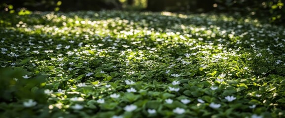 Sunlit field of small white wildflowers.