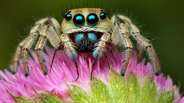 Colorful spider perched on a vibrant pink flower in a lush garden during daylight hours