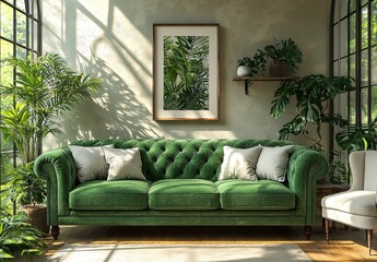 Fototapeta premium A modern interior background featuring a living room in Scandinavian style with a mock-up poster frame, presented as a 3D render and illustrated in 3D