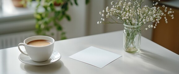Fototapeta premium Coffee, card, and flowers on a table.