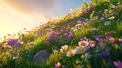 Obraz premium Sunlit hillside blooming with colorful wildflowers and green grass.