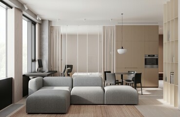 Modern contemporary living room with kitchen and dining room. Luxurious apartment background with contemporary design. Modern interior design with sofa and TV wall. 3D render, 3D illustration.