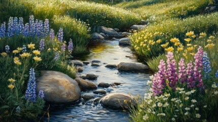 Naklejka premium Serene stream flowing through vibrant wildflowers and rocks in a sunny meadow.