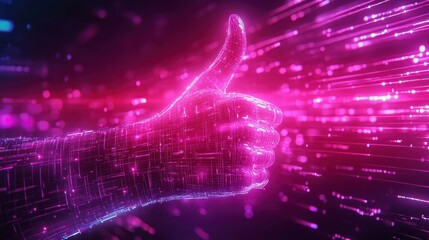Fototapeta premium A glowing, digital hand giving a thumbs up, surrounded by vibrant, flowing particles in pink and blue hues.