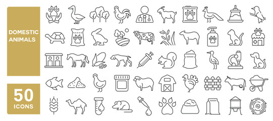 Set of 50 line icons related to domestic animals, rooster, rabbit, goose, cat, cow, dog, sheep, turkey, turtle, camel, horse, Editable stroke. Vector illustration