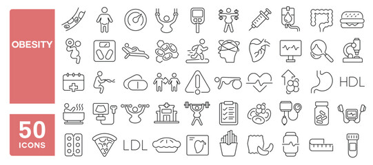 Set of 50 line icons related to obesity, overweight, fat, obese, cholesterol, fast food, symptom, diabetes, unhealthy, Editable stroke. Vector illustration