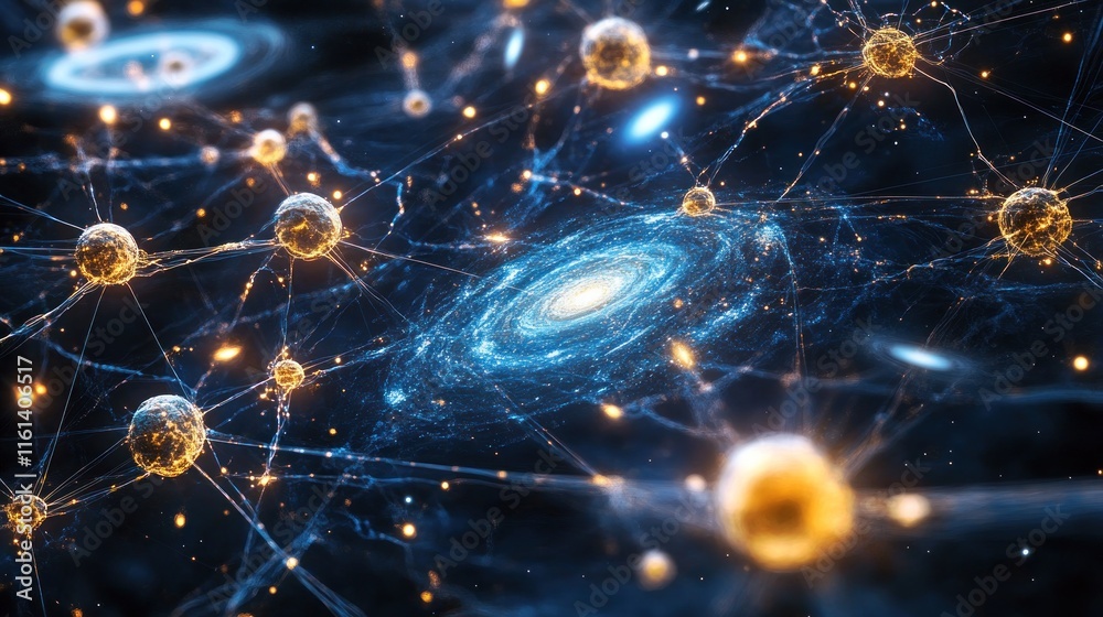 Wall mural abstract cosmic network with glowing nodes and galaxies.
