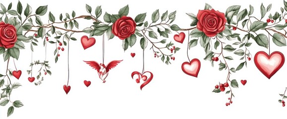 Obraz premium Romantic rose garland with hanging hearts and cupid for Valentine's Day.