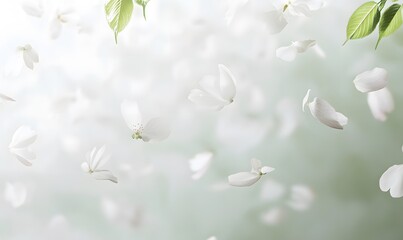 Fototapeta premium White flower petals falling on soft green background.