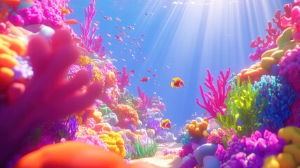 Vibrant coral reef teeming with colorful fish and sunlight.