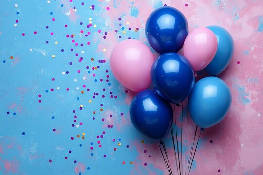 Banner with a celebration theme: Sweet blue balloons, confetti, and streamers form a festive and joyful background