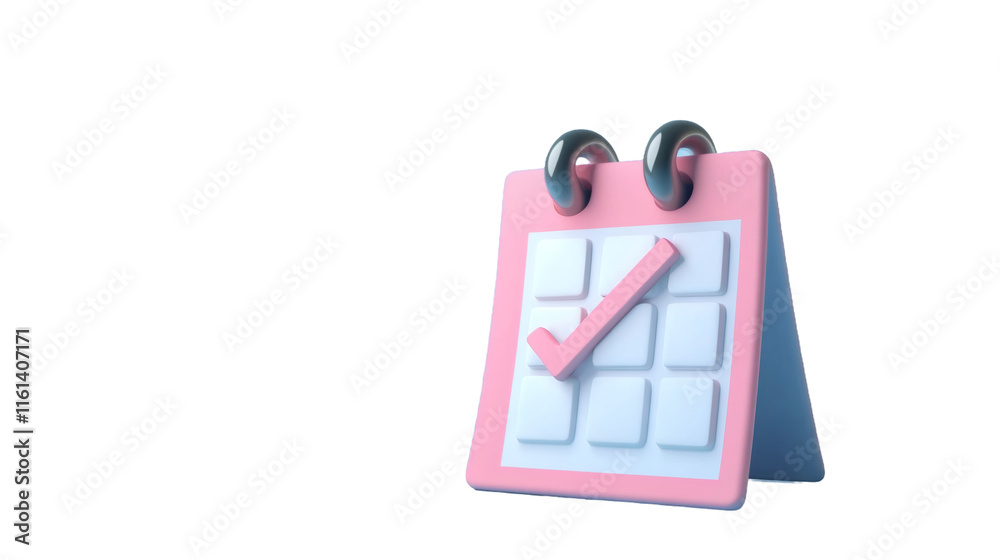 Poster 3D rendering pink desktop calendar featuring checked date, transparent background highlighting scheduling and planning workflow