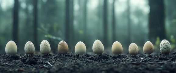 Obraz premium Row of small mushrooms growing in forest soil.