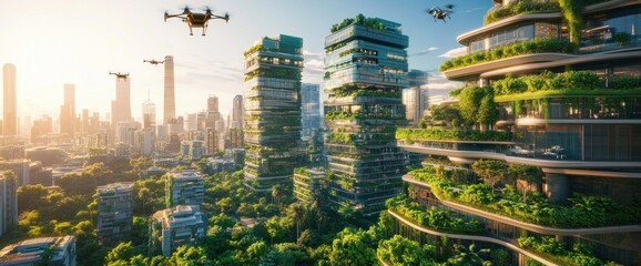 Obraz premium Futuristic eco-city with drones flying over green skyscrapers and lush vegetation.