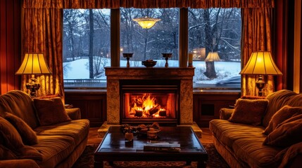 Cozy living room with fireplace, warm lighting, and winter window view.