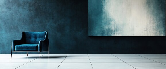 Teal velvet armchair and abstract art in a modern, dark blue room.