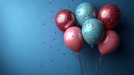 Party or celebration-themed landscape with colorful balloons, ample room for copy, on a blue background, sprinkled with confetti and pastel shades