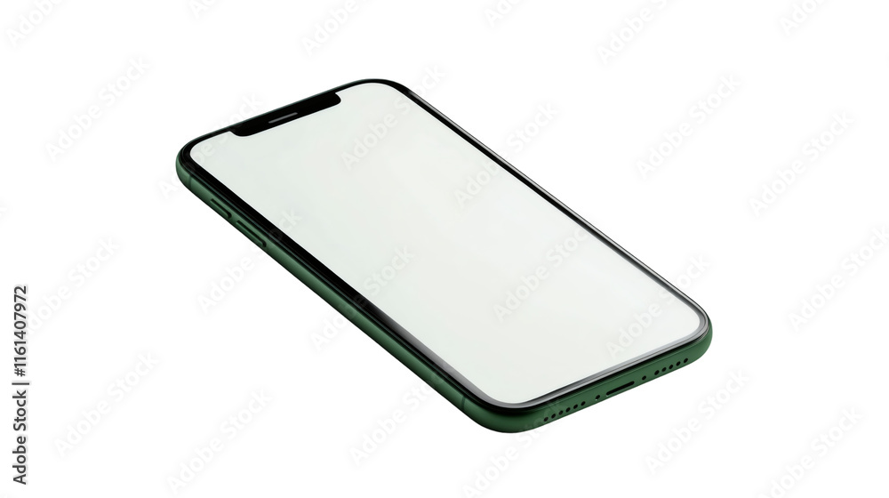 Poster green smartphone mockup displaying blank white screen, viewed from perspective angle, floating on tr