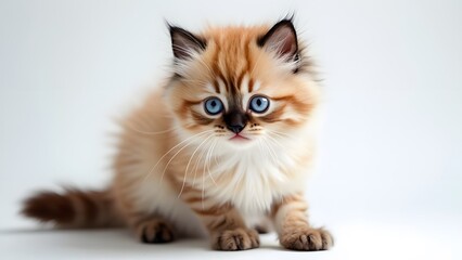 Obraz premium Adorable Red Birman Kitten, Striking Blue Eyes, Fluffy Fur, White Background Pet Photography