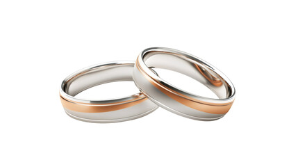 Wedding rings with rose gold inlay are intersecting each other on a transparent background