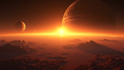 Golden Sunrise over Alien Landscapes, Gas Giant, Terrestrial Planet, and Swirling Orange-Purple World
