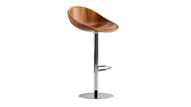 Sleek wooden bar stool featuring chrome leg, circular footrest, minimalist design element, neutral styling for contemporary kitchen or home decor