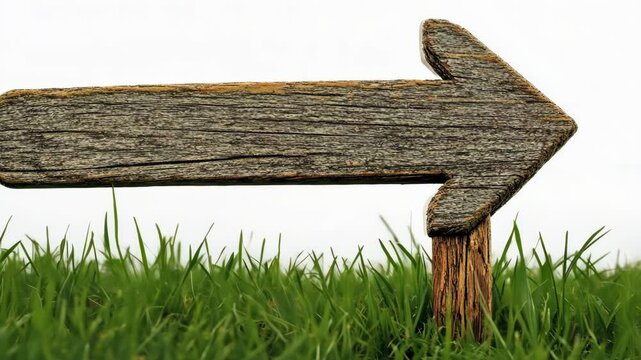 Wooden arrow sign pointing right on green grass with a neutral background