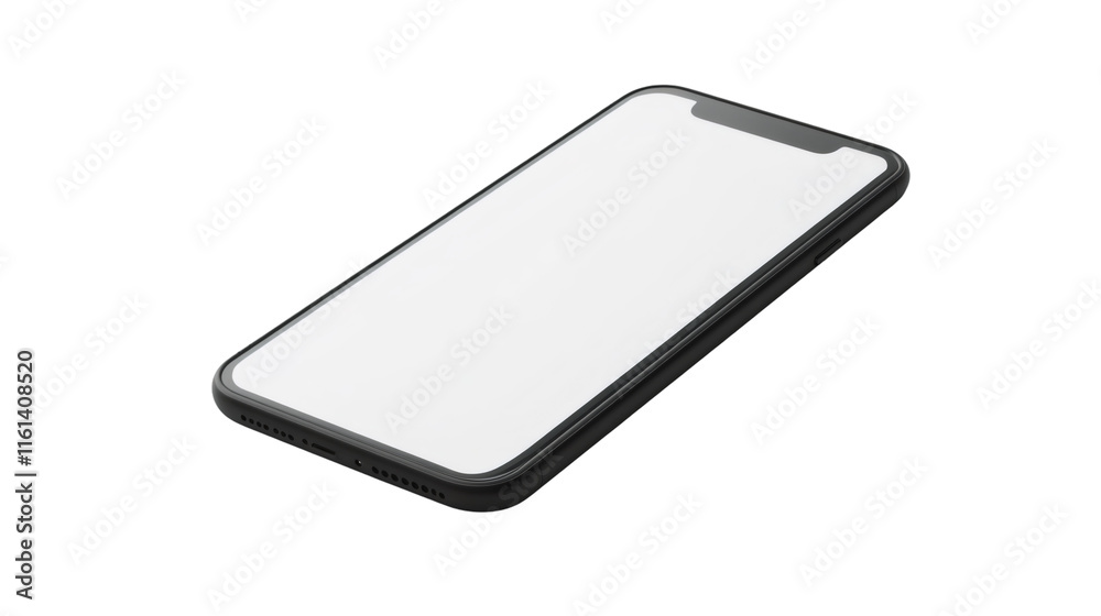 Poster isolated modern smartphone with blank white screen showing in perspective view on transparent backgr