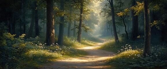 Obraz premium Sunlit path winding through a lush green forest.