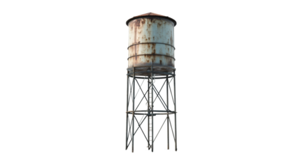 Old rusty metal water tower with transparent background, perfect for photo editing and compositing