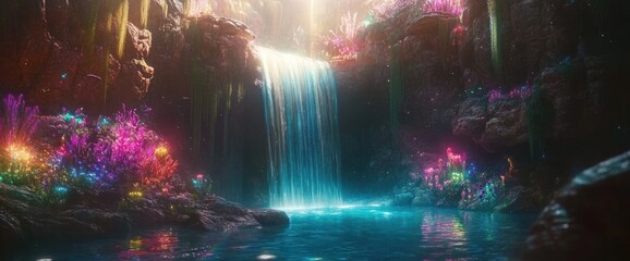 Enchanting waterfall cascading into a vibrant, bioluminescent pool, surrounded by glowing flora in a mystical cave.