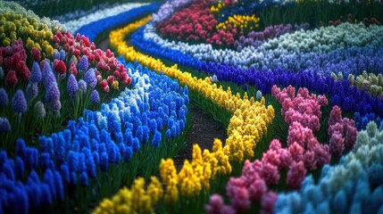 Colorful hyacinth flowers blooming in a curving garden path.