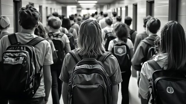 Black and white tracking teenagers from behind as they walk in slow motion down a crowded high school hallway before the start of class. For back to school themed information.