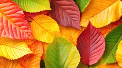 Obraz premium Vibrant autumn leaves in red, orange, yellow, and green hues creating a colorful background.