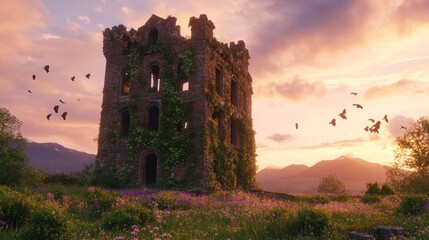 Fototapeta premium Ruined stone tower overgrown with ivy at sunset, birds flying, wildflowers in foreground, mountains in background.