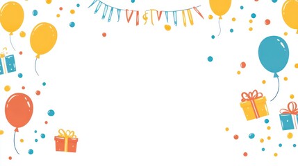 Festive birthday background with balloons, gifts, confetti, and bunting.