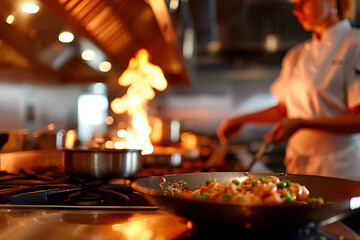 passion for cooking, bright colors illuminate a female chef cooking in a pro kitchen, with warm lighting adding a cozy touch to the modern space the image captures her detail-oriented focus and the