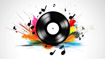 Colorful vinyl record surrounded by musical notes and paint splatters.