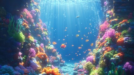 Fototapeta premium Vibrant coral reef scene with colorful fish and sunlight.