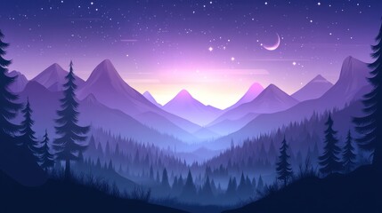 Purple sunset over misty mountain range and forest.