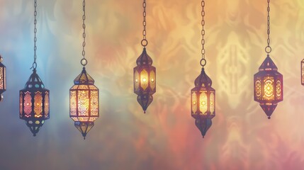 A series of Ramadan lanterns hanging from above with pastel-colored backgrounds, each glowing with a peaceful ambiance.