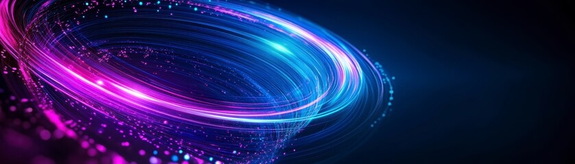 A vibrant swirl of blue and pink light creates a dynamic, futuristic aura against a dark background, suggesting energy and motion.