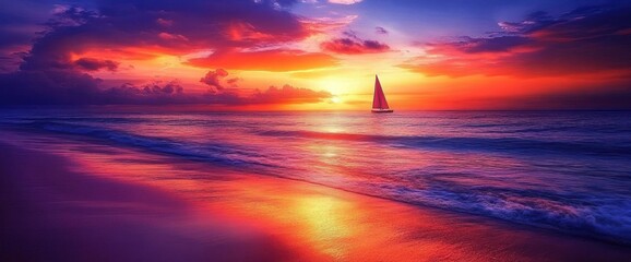 Fototapeta premium Vibrant sunset over ocean with sailboat on calm water and sandy beach.
