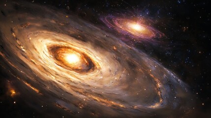 Two spiral galaxies interacting in deep space, showing vibrant colors and cosmic dust.