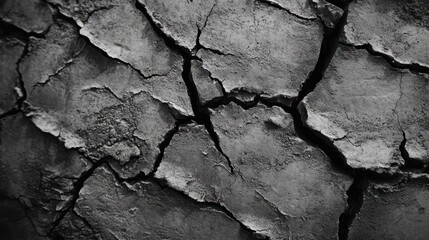 Close-up of cracked, dry earth in monochrome.