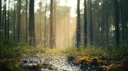 Obraz premium Sunlit forest path with rain droplets.