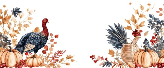 Obraz premium Thanksgiving autumn harvest border with turkey, pumpkins, and fall foliage.